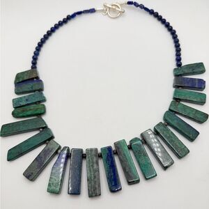 19" Revived Azurite, Lapis Lazuli, larvikite beaded necklace w/ SP clasp!